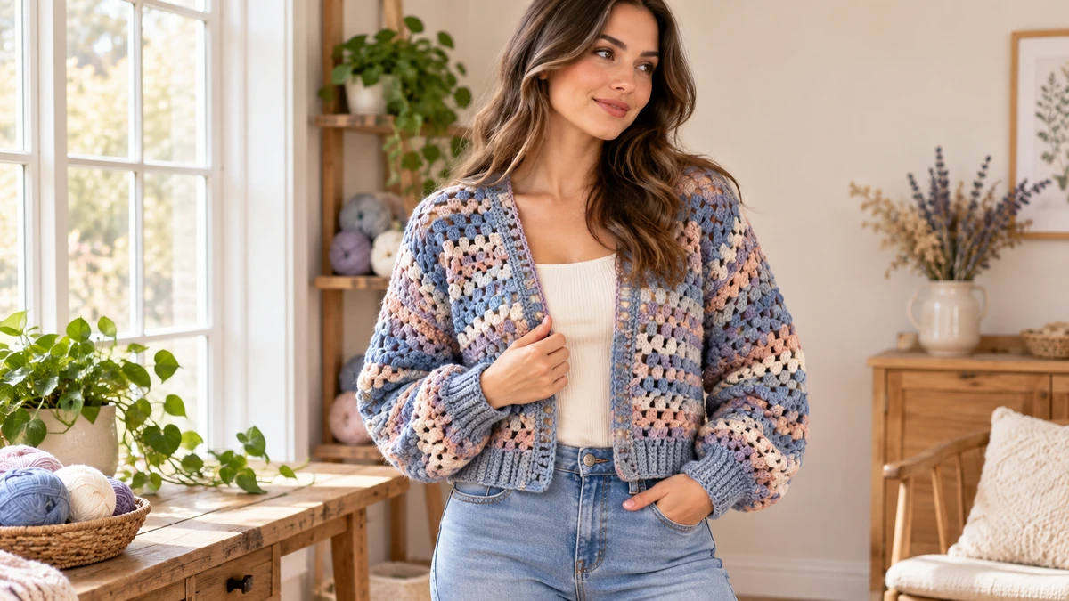 Woman wearing a handmade Blueberry Mist granny stitch crochet cardigan with ribbed cuffs and a cropped fit.