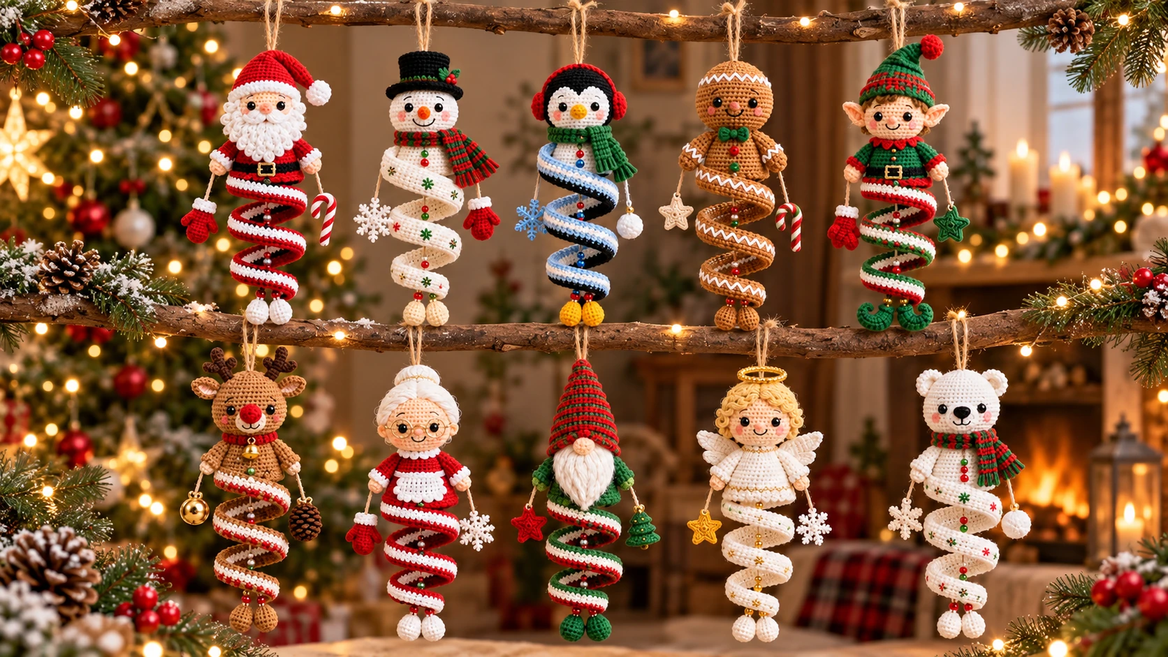 10 handmade Christmas spiral crochet ornaments including Santa, snowman, penguin, gingerbread, elf, reindeer, Mrs. Claus, gnome, angel and polar bear