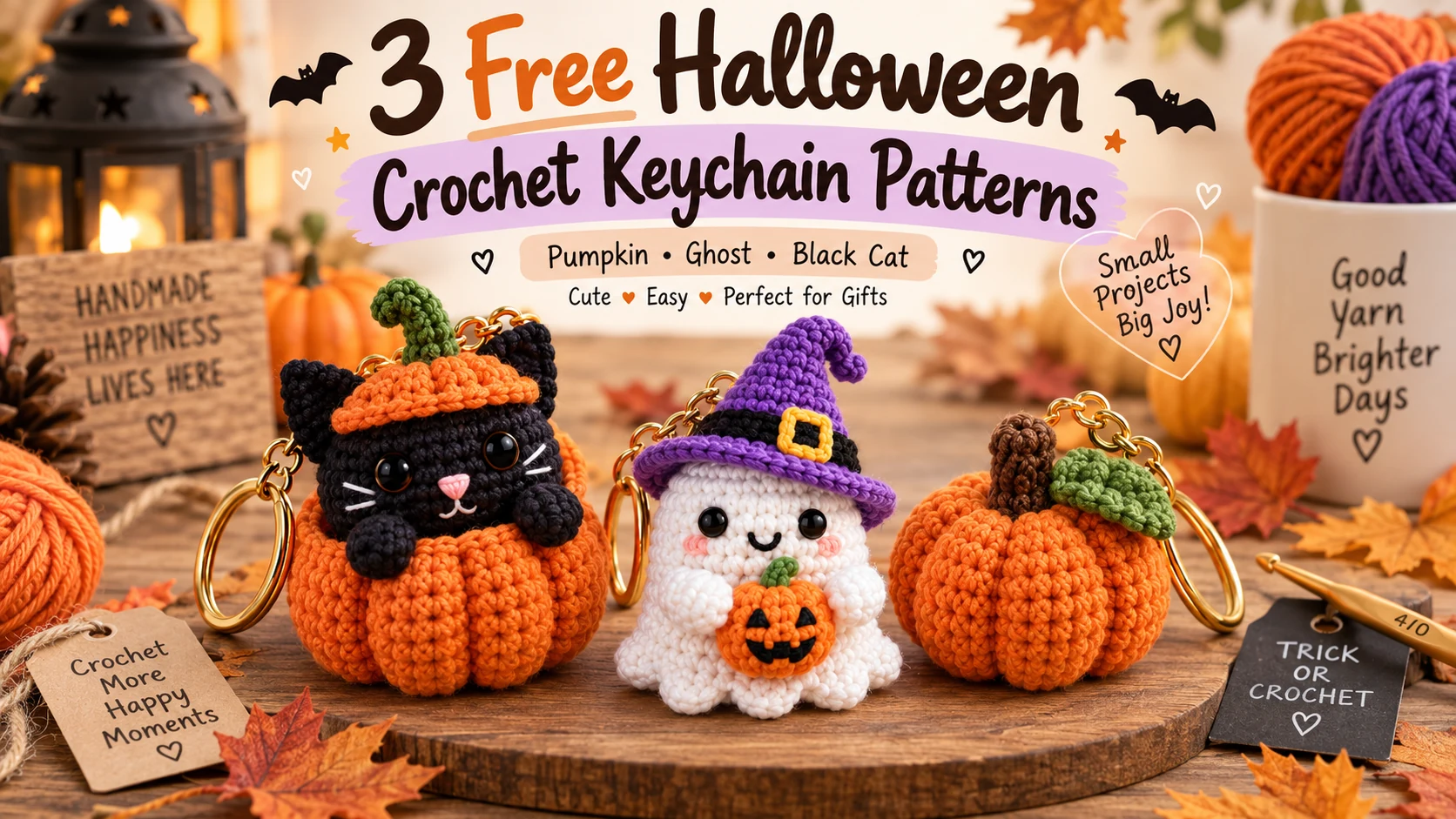 Three free Halloween crochet keychain patterns featuring a black cat pumpkin, ghost witch and mini pumpki