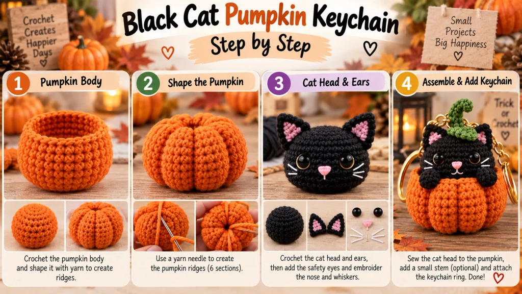 Black cat pumpkin crochet keychain step-by-step showing the pumpkin body, shaping, cat head and finished keychain