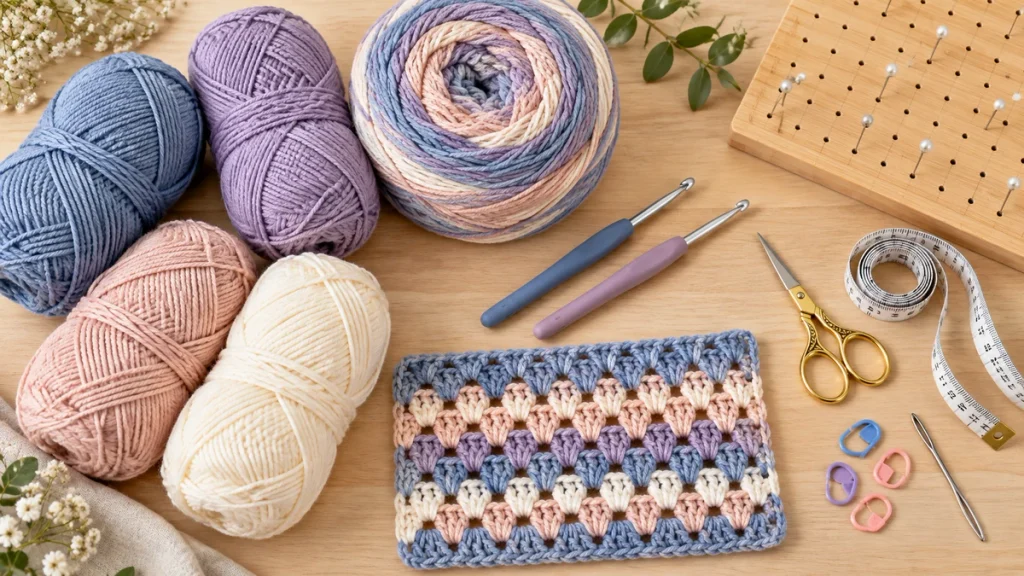 Yarn, crochet hooks, measuring tape, scissors and supplies for making a granny stitch crochet cardigan.
