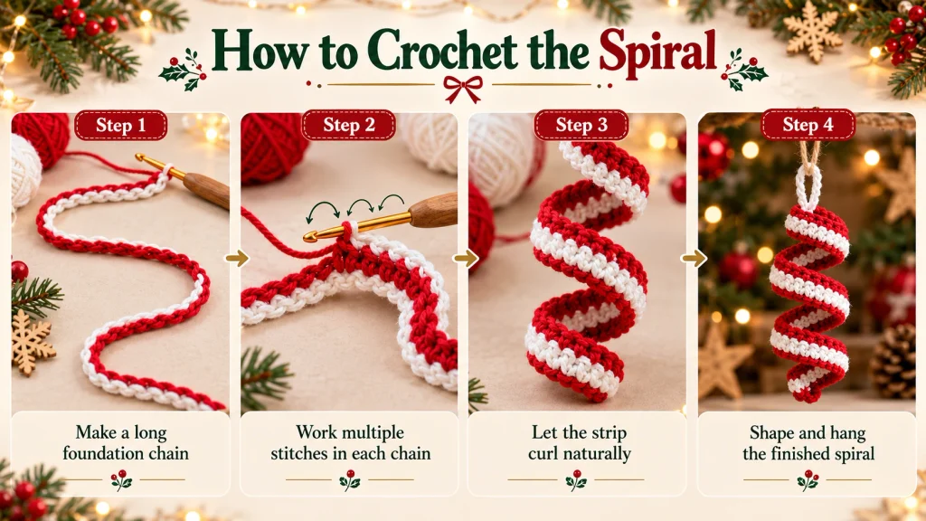 Step-by-step tutorial showing how to crochet a spiral ornament from a foundation chain to the finished Christmas spiral