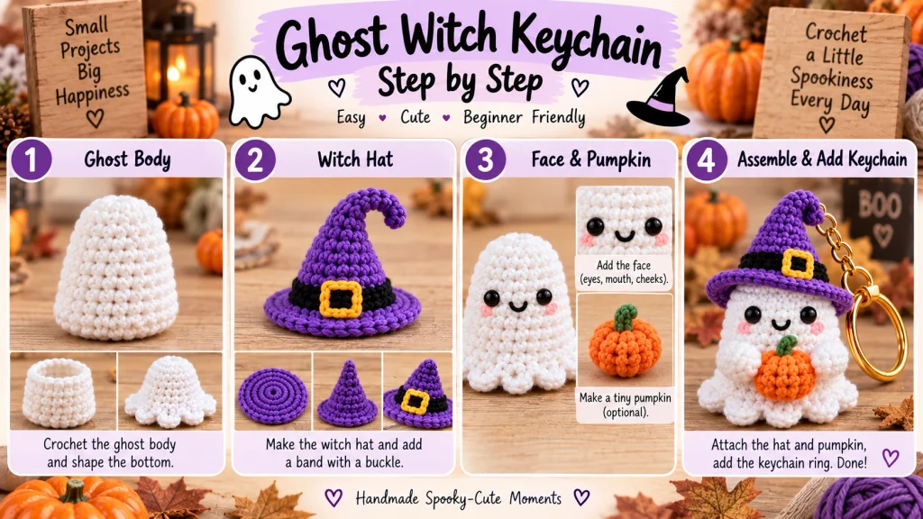 Ghost witch crochet keychain step-by-step showing the ghost body, purple witch hat, face and finished keychain