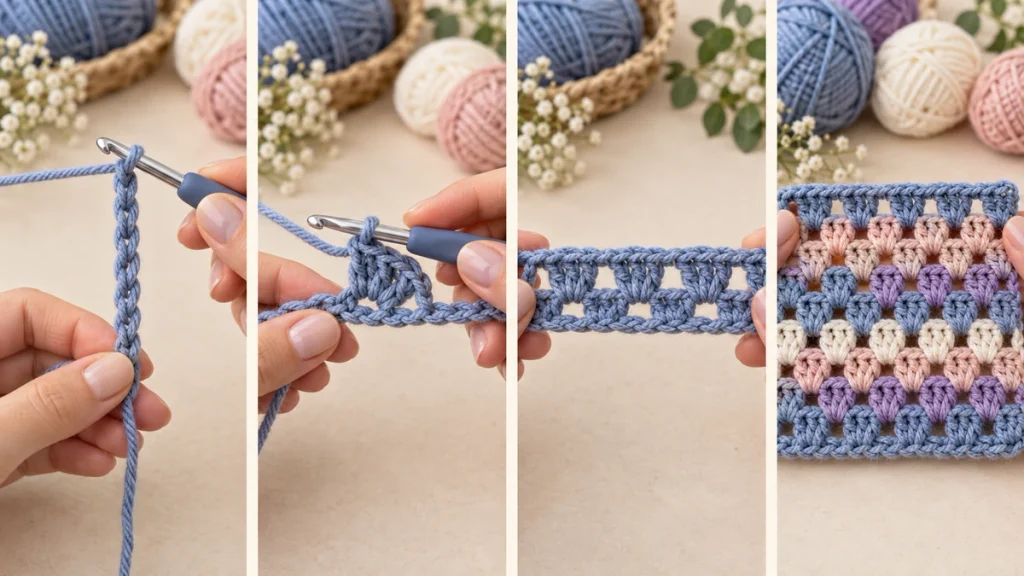 Step-by-step granny stripe crochet tutorial showing a foundation chain, double crochet clusters and finished rows.