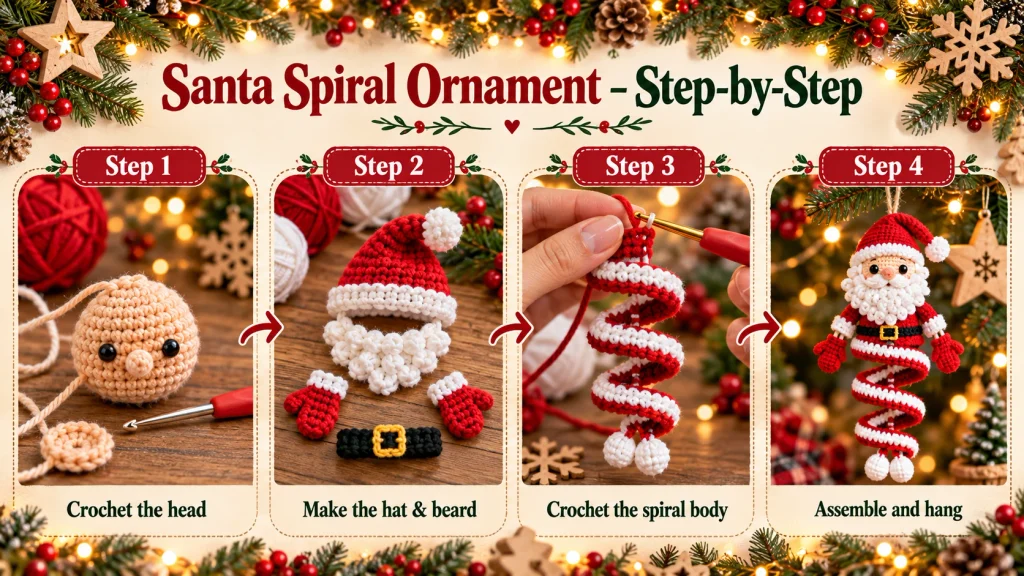 Santa spiral ornament crochet tutorial showing the head, hat, beard, spiral body and final assembly