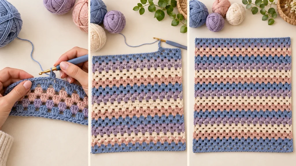 Three-stage tutorial showing how to crochet the rectangular back panel of a granny stitch cardigan.