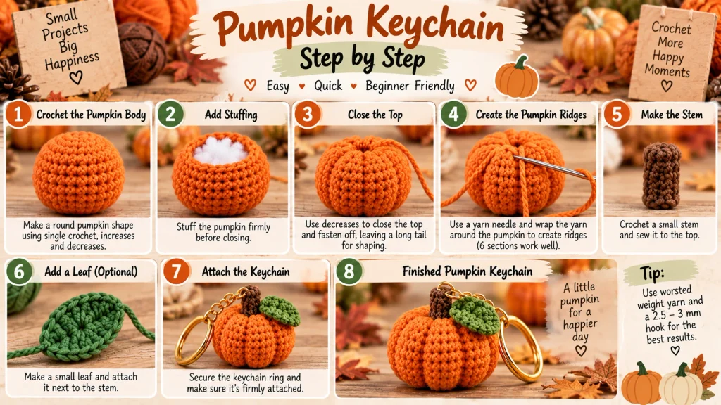 Easy crochet pumpkin keychain step-by-step showing the pumpkin body, stuffing, shaping, stem and finished keychain