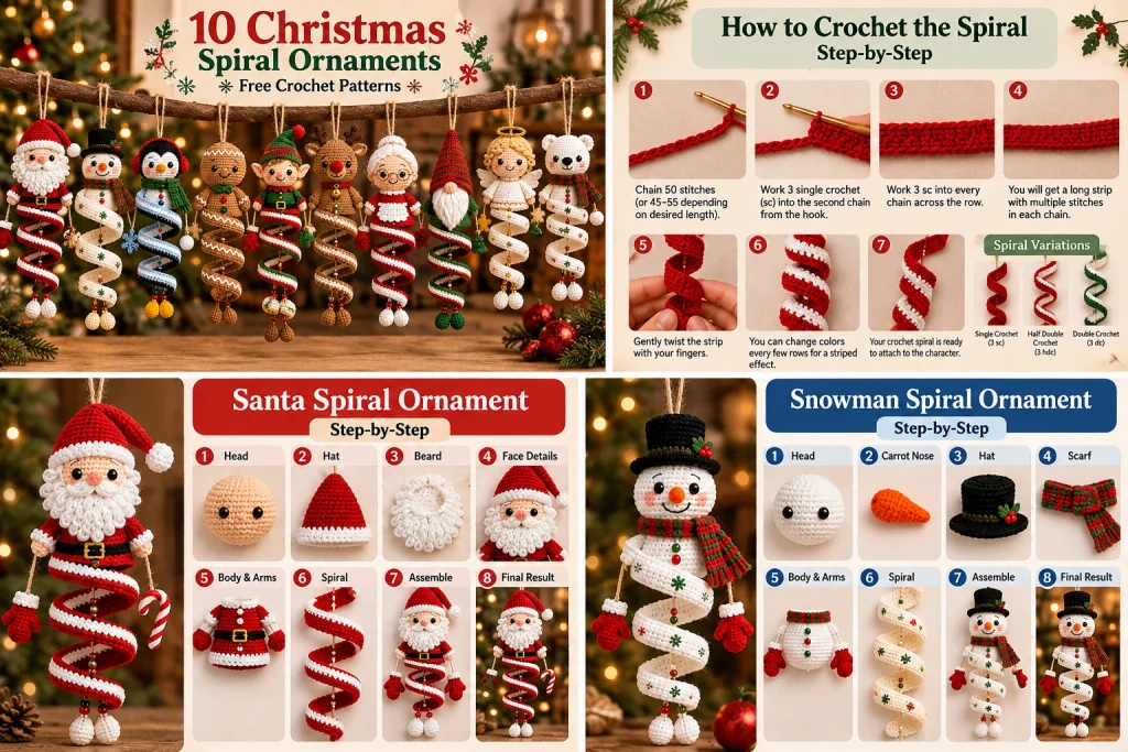 Snowman spiral ornament crochet tutorial with head, carrot nose, hat, scarf, spiral body and assembly steps