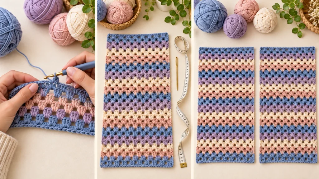 Crochet cardigan front panel tutorial showing one panel in progress and two matching rectangular granny stitch panels.