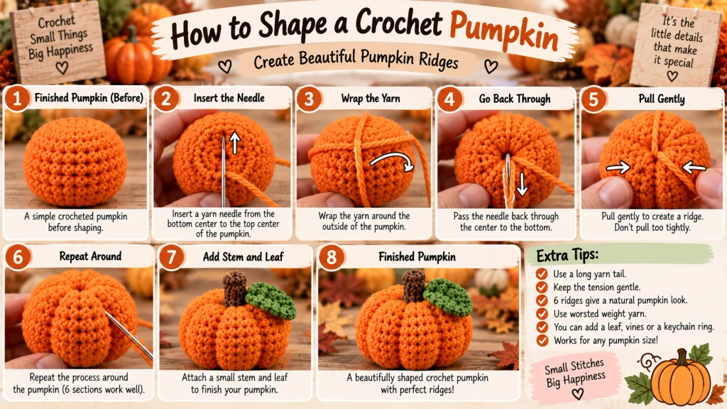 How to shape a crochet pumpkin with a yarn needle to create even pumpkin ridge