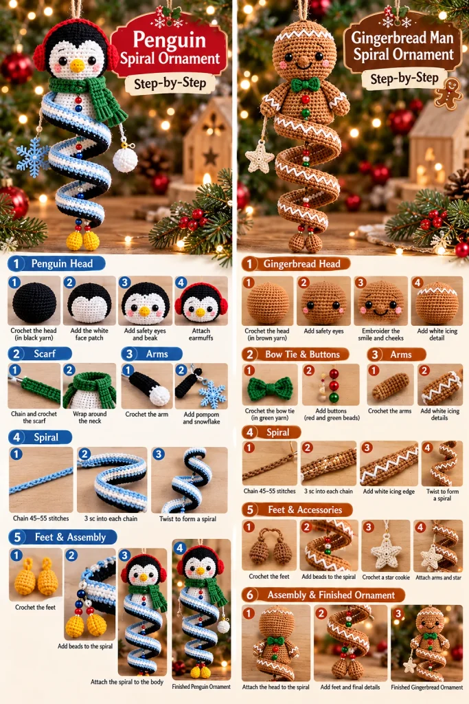 Step-by-step crochet tutorials for penguin and gingerbread Christmas spiral ornaments