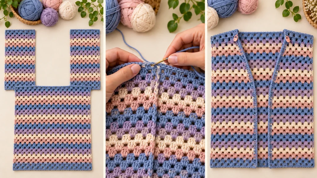 Crochet cardigan shoulder assembly showing how the front panels join the back and form a soft V-shaped neckline.
