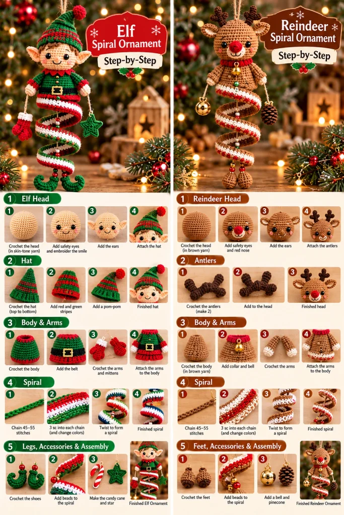 Elf and reindeer spiral ornament crochet tutorials with detailed construction and assembly steps