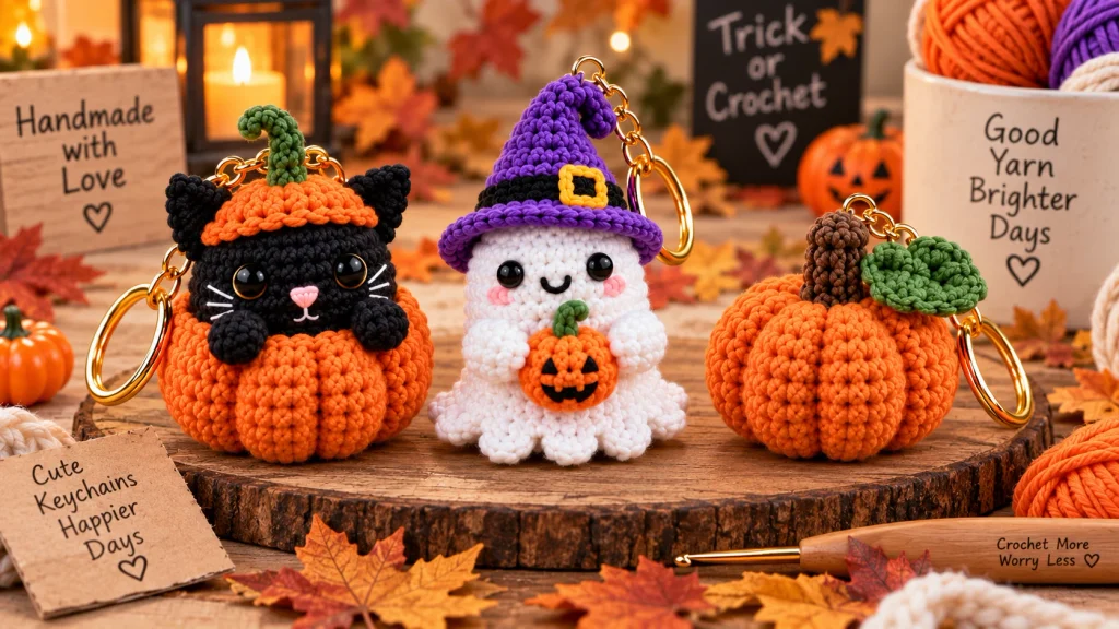 Finished Halloween crochet keychains featuring a black cat pumpkin, witch ghost and orange pumpkin