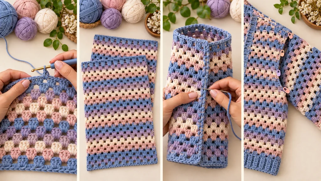 Four-step crochet sleeve tutorial showing a granny stitch sleeve panel, seaming and attachment to the cardigan armhole.