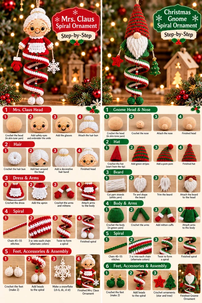 Mrs. Claus and Christmas gnome spiral ornament crochet patterns shown step by step