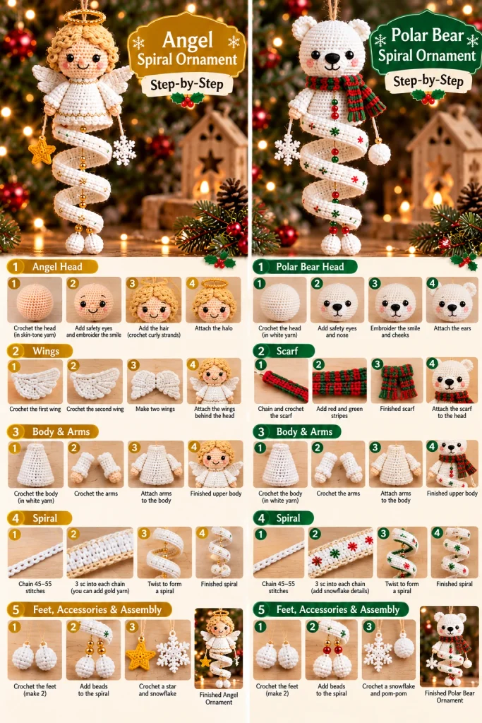 Angel and polar bear Christmas spiral ornament crochet tutorials with wings, scarf, spiral body and finishing details
