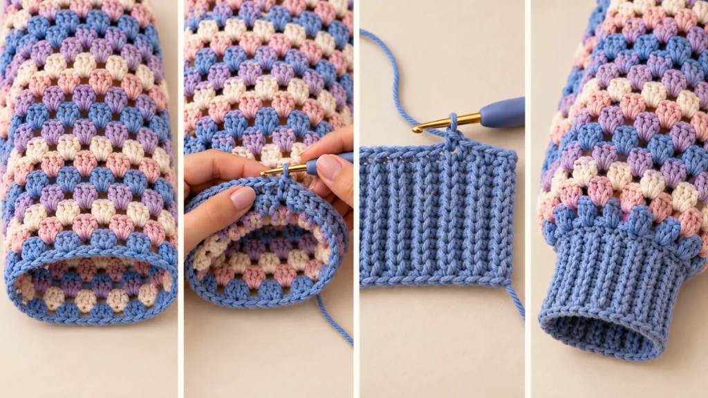 Step-by-step tutorial showing how to decrease a granny stitch sleeve and attach a fitted crochet ribbed cuff.
