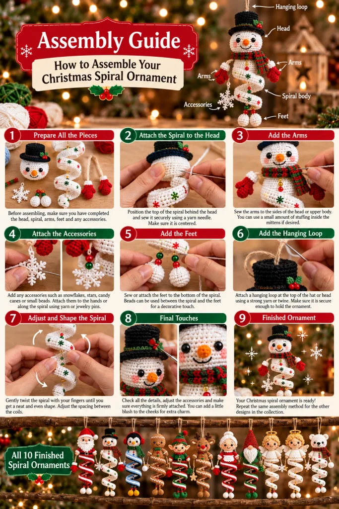 Christmas spiral crochet ornament assembly guide showing how to attach the head, arms, accessories, feet and hanging loop