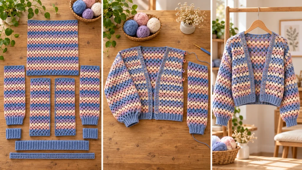 Blueberry Mist granny stitch crochet cardigan assembly guide showing garment pieces, partial assembly and the finished cardigan.