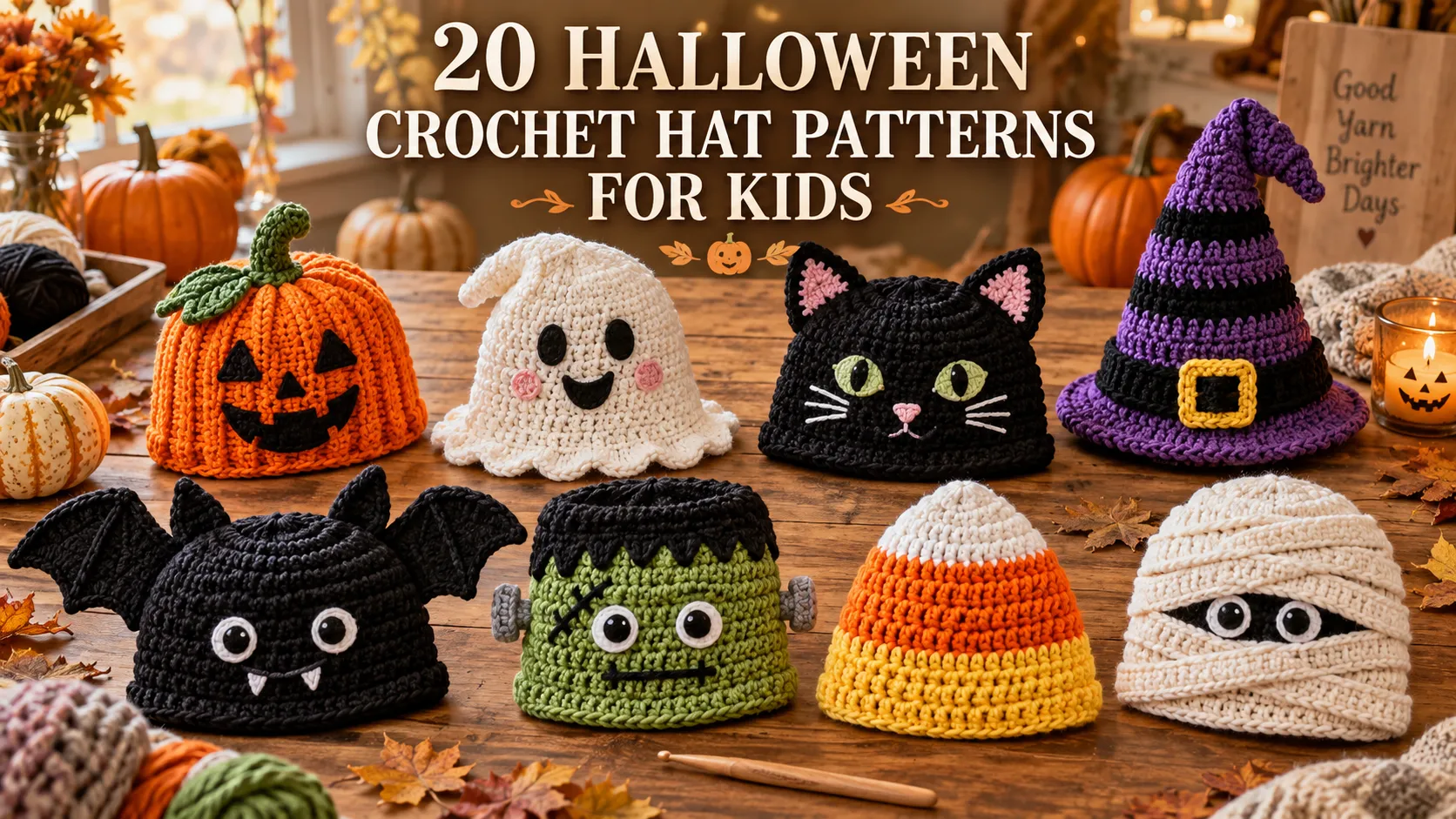 20 Halloween crochet hat patterns for kids featuring pumpkin, ghost, witch and monster hat