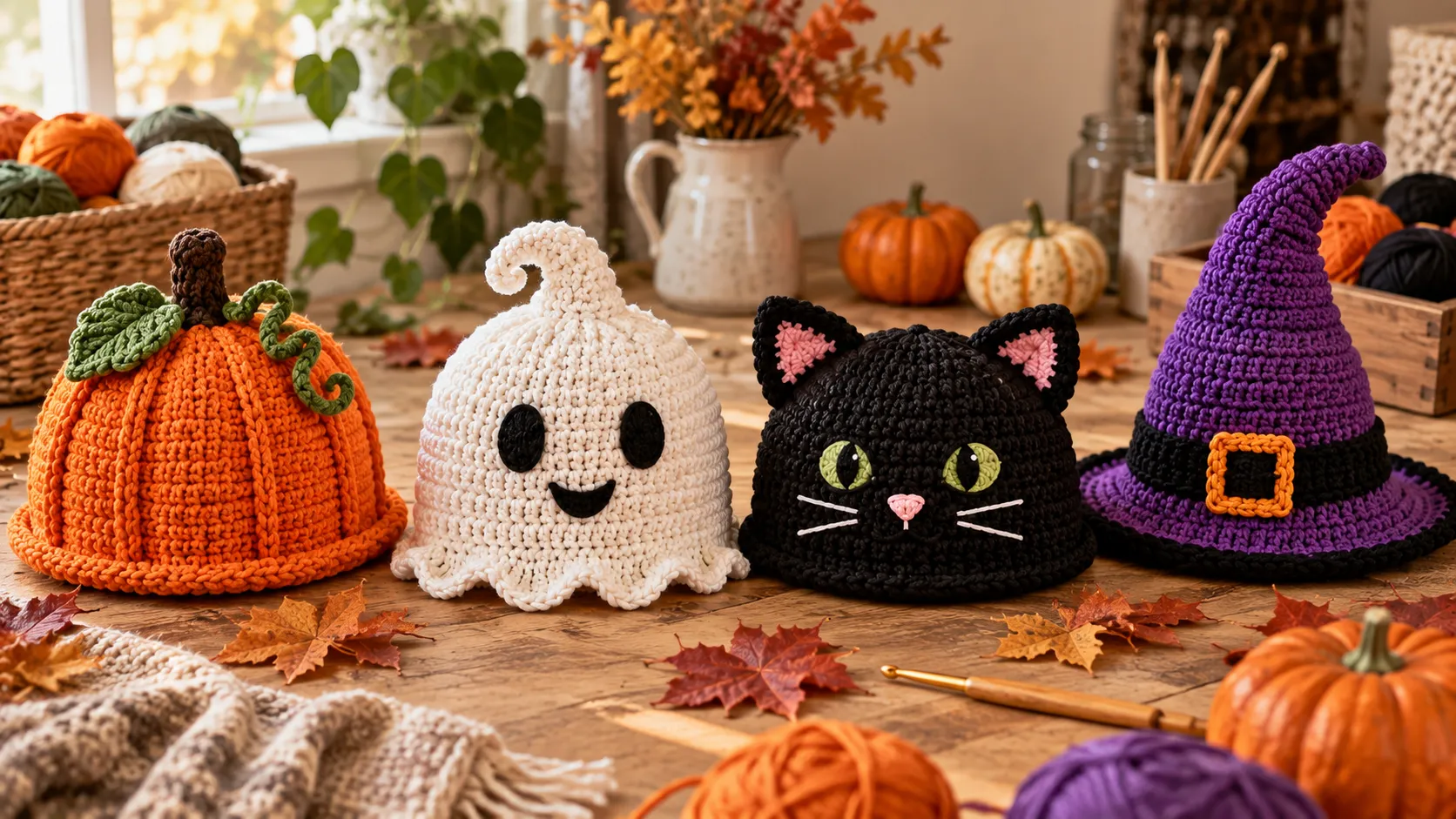 Pumpkin, ghost, black cat and witch Halloween crochet hats for kids