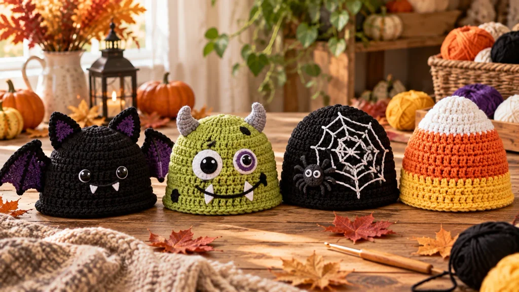 Bat, monster, spiderweb and candy corn Halloween crochet hats for kids