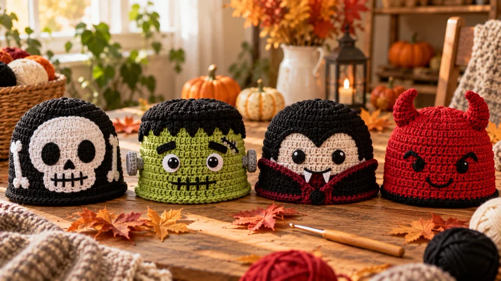 Skeleton, monster, vampire and devil horn Halloween crochet hats for kids