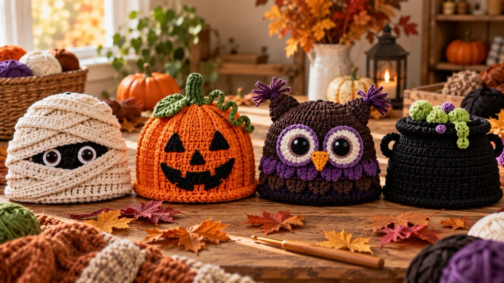 Mummy, jack-o-lantern, owl and cauldron Halloween crochet hats for kids