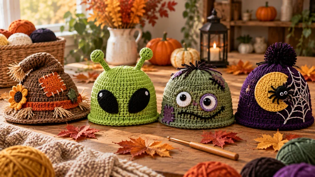 Scarecrow, alien, zombie and moonlit spider crochet Halloween hats for kids