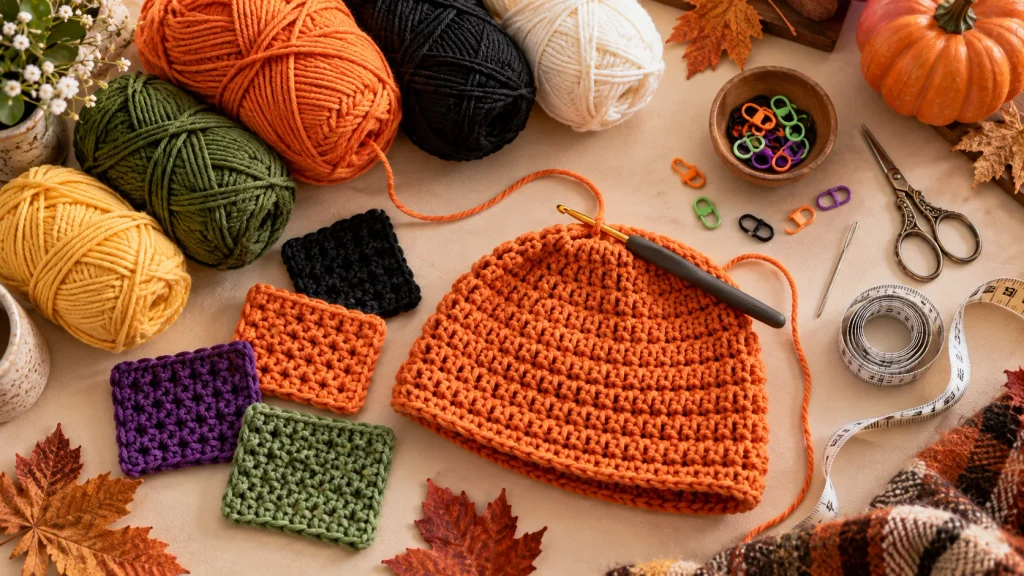 Supplies needed to crochet Halloween hats for kids including yarn, crochet hook and stitch marker