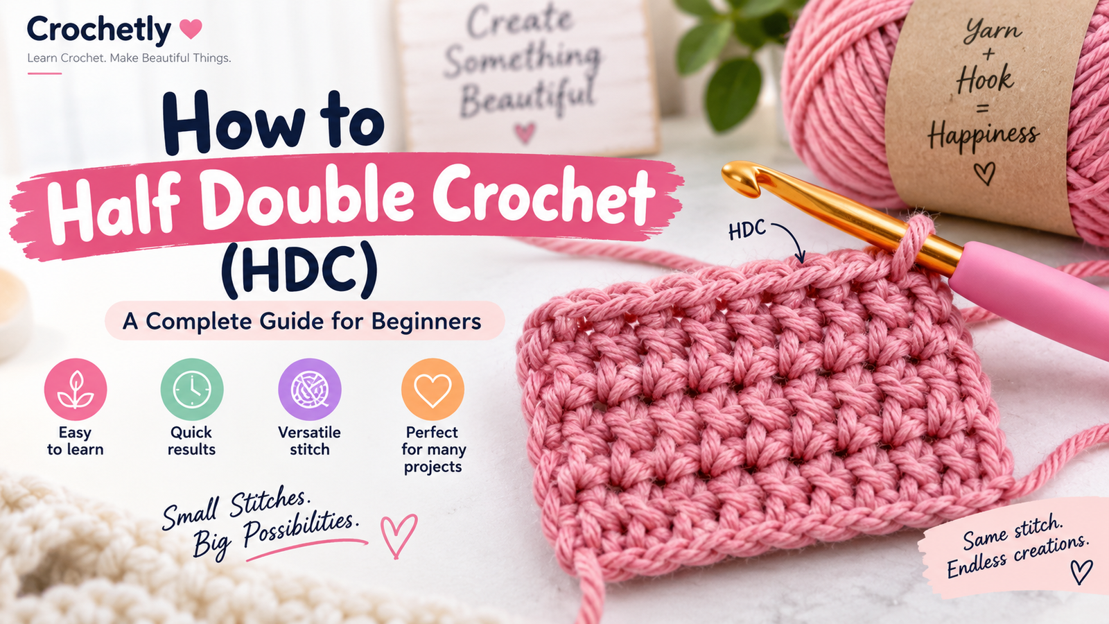 How to half double crochet HDC beginner tutorial with pink yarn and crochet hook