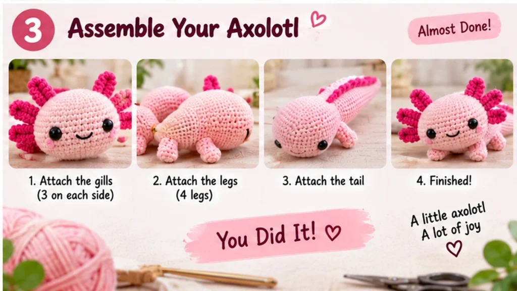 How to assemble a crochet axolotl amigurumi step by step