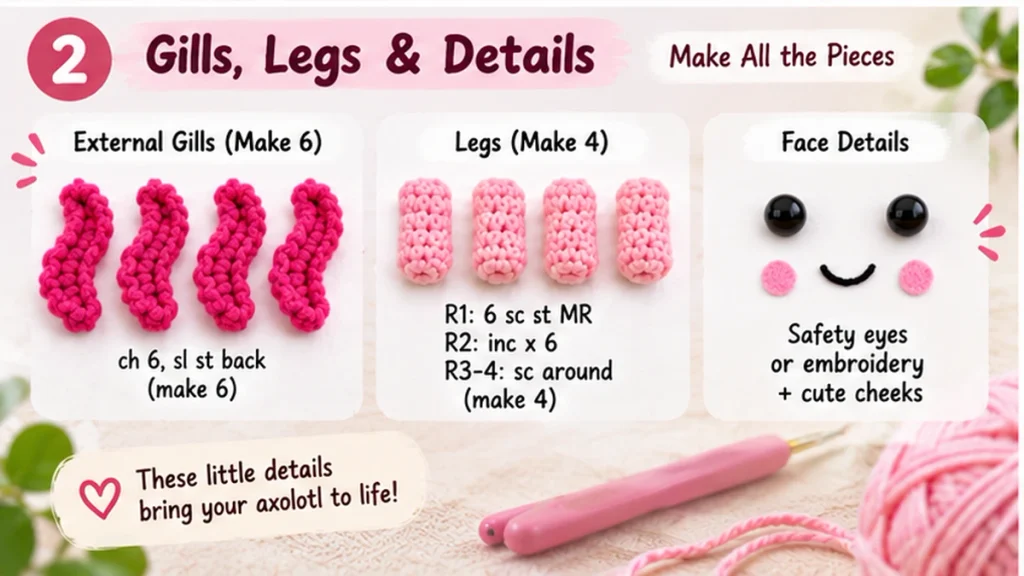 Axolotl amigurumi gills and legs crochet tutorial