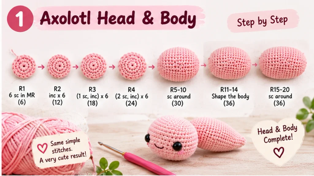 How to crochet an axolotl amigurumi head and body step by step