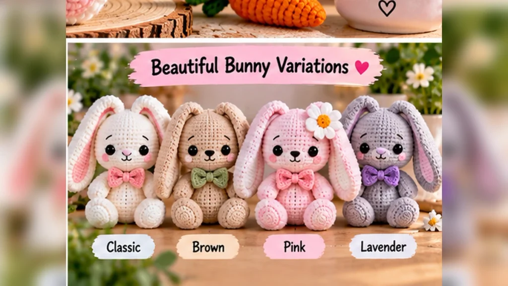 Bunny amigurumi color variations in white brown pink and lavender