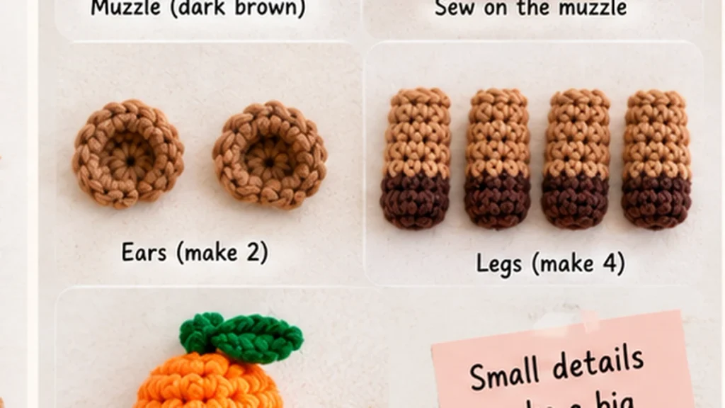 Capybara amigurumi muzzle ears and legs crochet pieces