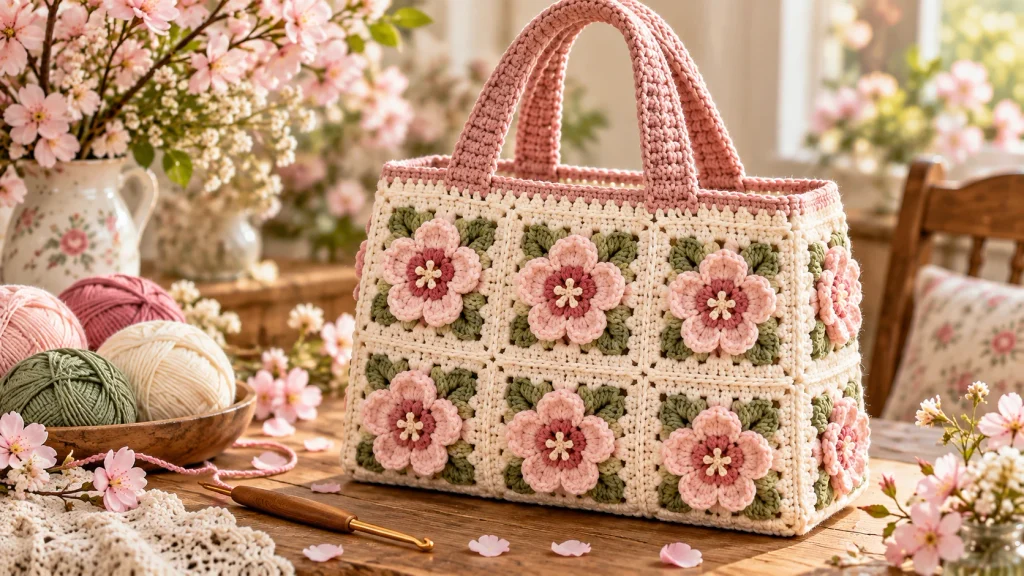 Cherry blossom granny square bag with pink crochet flowers and cream square borders