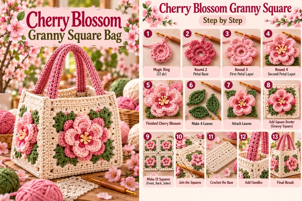 Five-petal cherry blossom crochet motif and granny square construction