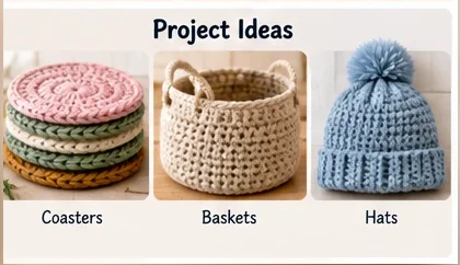 Crochet circle project ideas including coasters baskets and hats