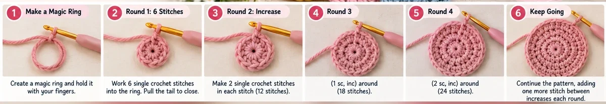 How to crochet a flat circle step by step from magic ring to round 4