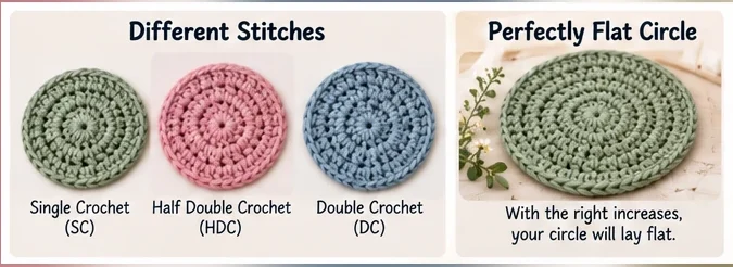 Flat crochet circles using single crochet half double crochet and double crochet