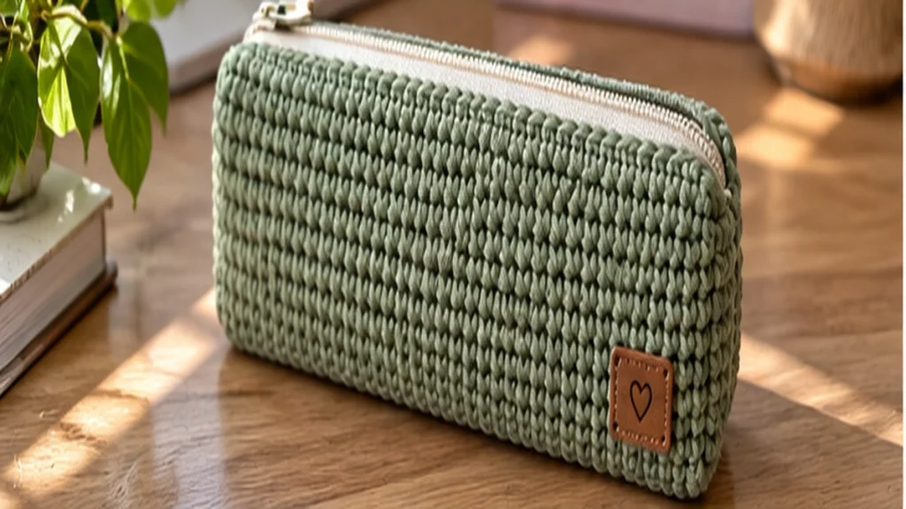 Finished green crochet pencil case with zipper for beginners