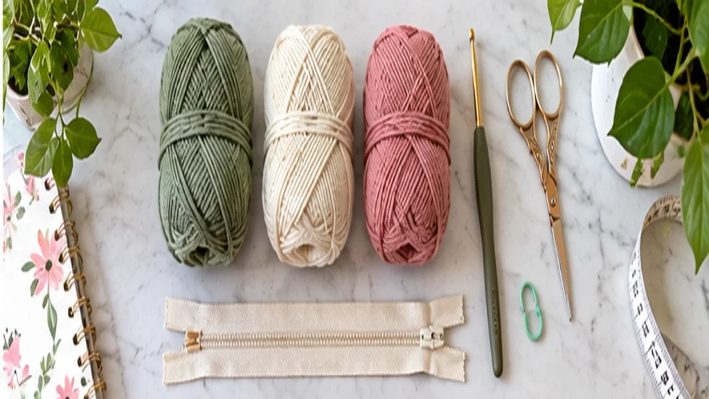 Crochet pencil case materials with cotton yarn, zipper, crochet hook and scissors