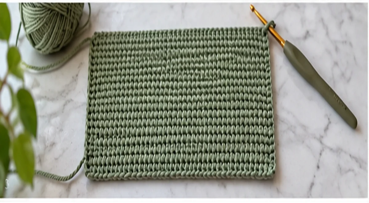 Crochet pencil case panel worked in single crochet with green cotton yarn