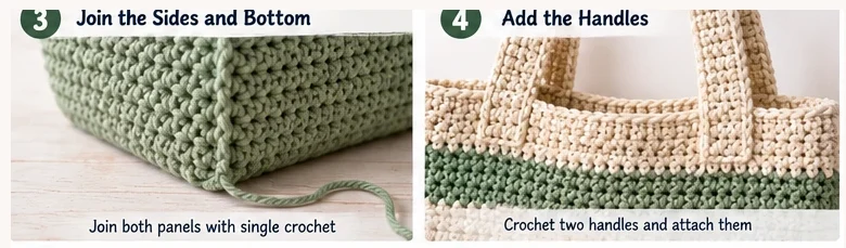 How to join crochet tote bag panels and attach the handles