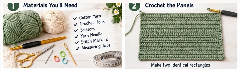 Crochet tote bag materials and how to crochet the bag panels