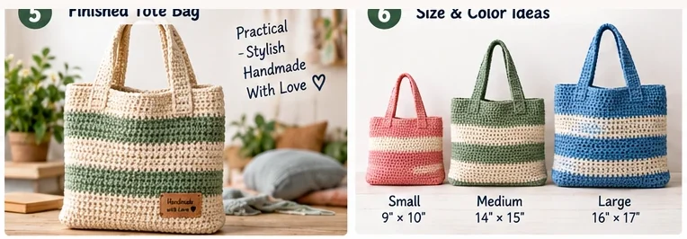 How to join crochet tote bag panels and attach the handles