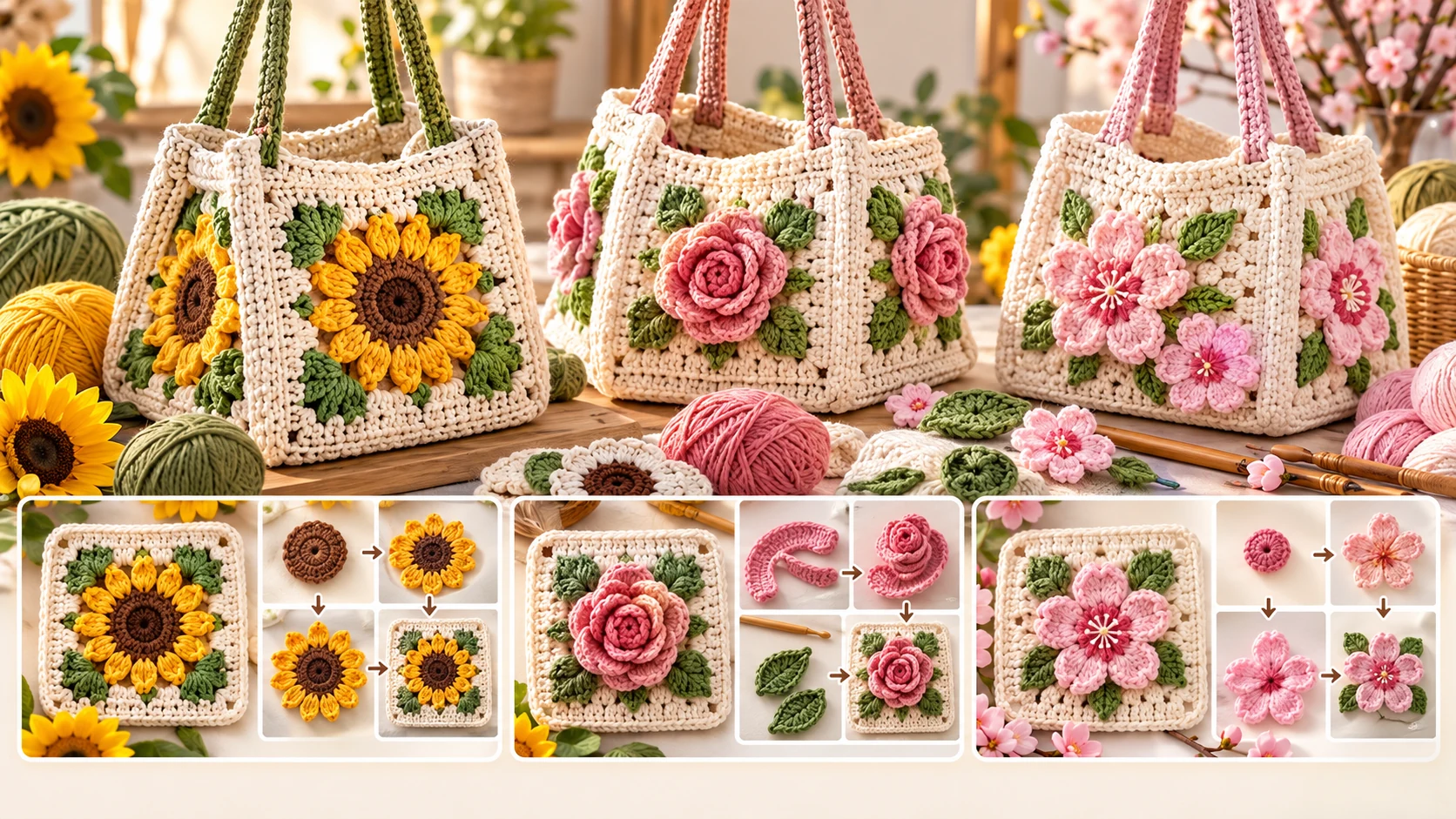 Three floral granny square crochet bags featuring sunflower, rose and cherry blossom design