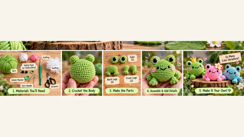 How to crochet and assemble frog amigurumi parts